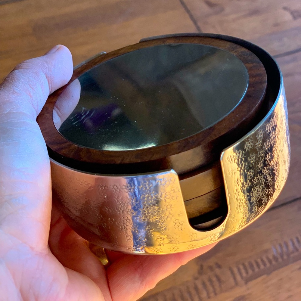 High End Metal and Wood Coaster Set With Metal Holder